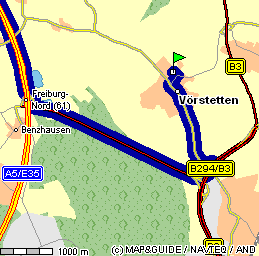 Anfahrt von der A5 nach Freiburg/Vörstetten
